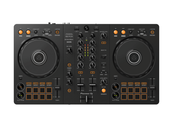 Top view of the Pioneer DDJ FLX4 DJ controller. The Pioneer DDJ-FLX4 layout includes jog wheels, performance pads, and Smart CFX for creative mixing. The Pioneer DJ DDJ-FLX4 controller is compatible with multiple devices, including iOS and Android.