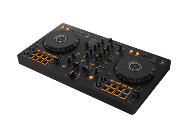 Right side view of the Pioneer DDJ FLX4 DJ controller. The Pioneer DDJ-FLX4 design ensures a compact yet versatile tool for DJs. The Pioneer DJ DDJ-FLX4 controller offers seamless streaming service integration and Smart Mixing features.