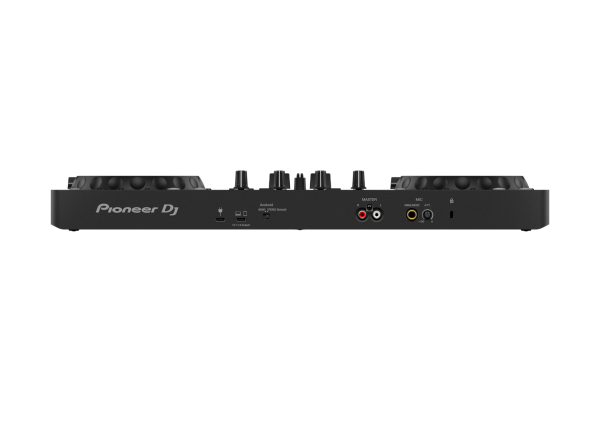 Back view of the Pioneer DDJ FLX4 DJ controller. The Pioneer DDJ-FLX4 features USB and RCA ports, making setup simple. The Pioneer DJ DDJ-FLX4 controller also includes a built-in sound card and microphone audio output.