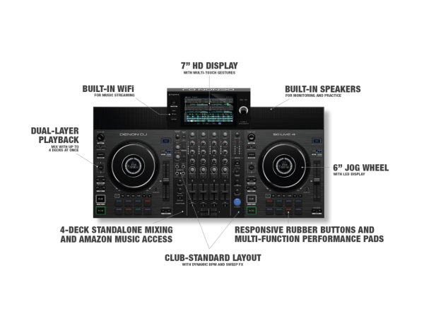 Experience the power of performance with the Sc live 4, 4-Deck Standalone DJ System. Stream Amazon Music via WiFi for endless audio options.